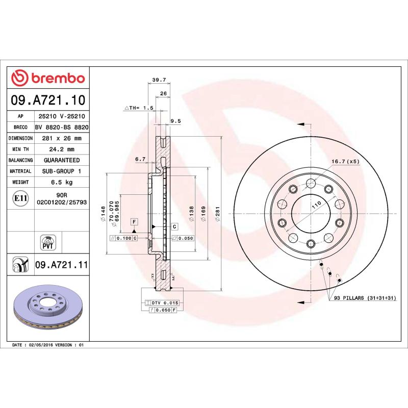 Jeu de 2 disques de frein avant BREMBO 09.A721.11 - Visuel 1