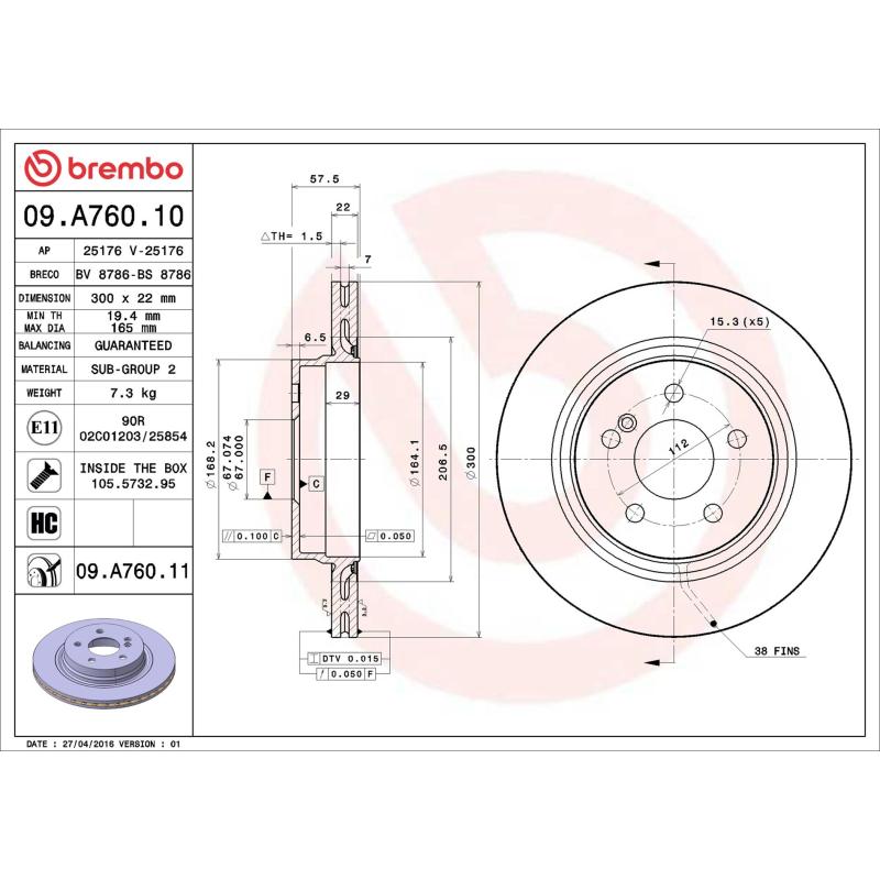 Jeu de 2 disques de frein arrière BREMBO 09.A760.11 - Visuel 1