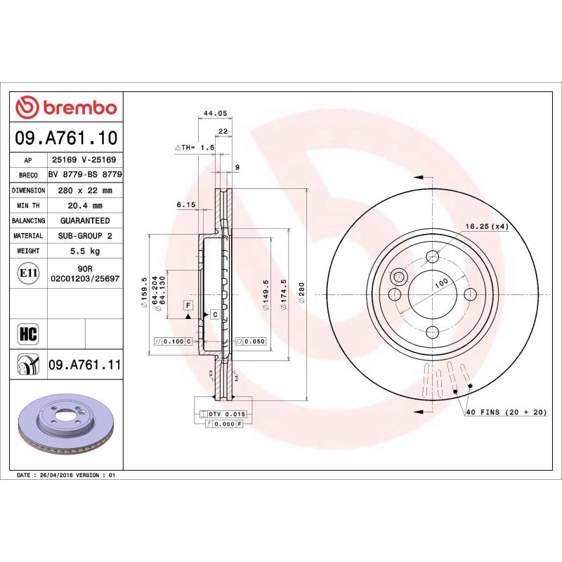 Jeu de 2 disques de frein avant BREMBO 09.A761.11 - Visuel 1