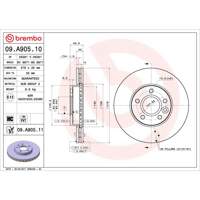Jeu de 2 disques de frein avant BREMBO 09.A905.11 - Visuel 1