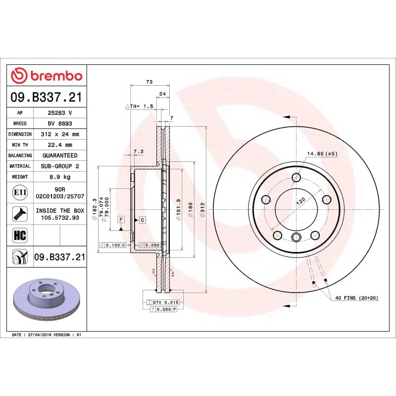 Jeu de 2 disques de frein avant BREMBO 09.B337.21 - Visuel 1