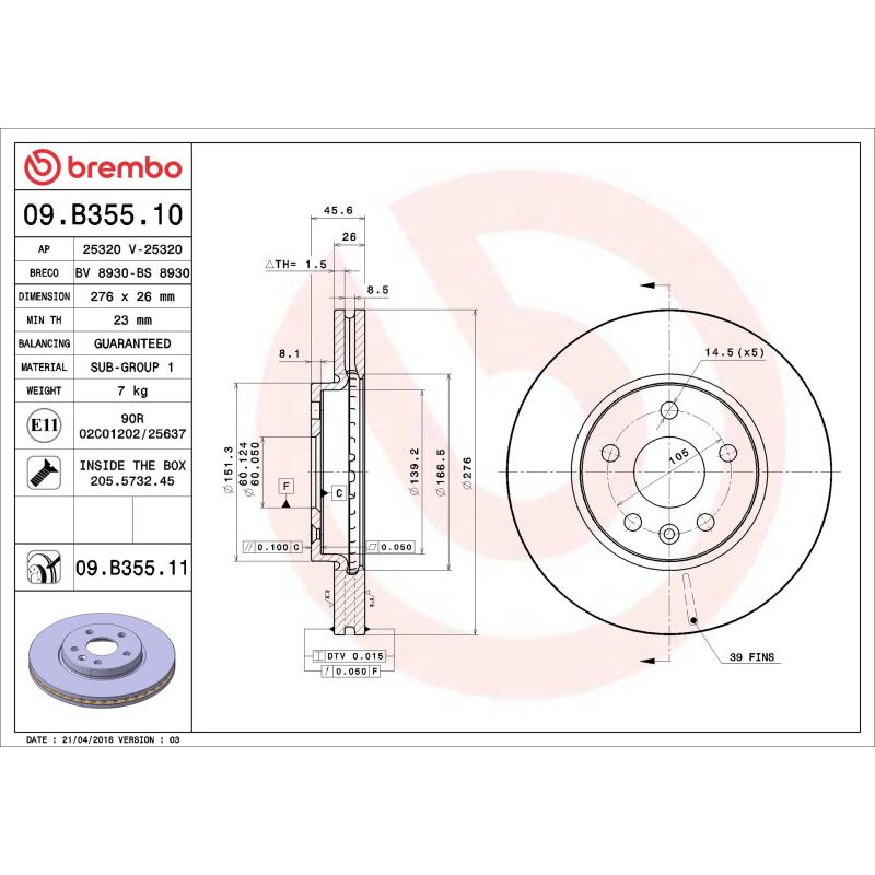 Jeu de 2 disques de frein avant BREMBO 09.B355.11 - Visuel 1