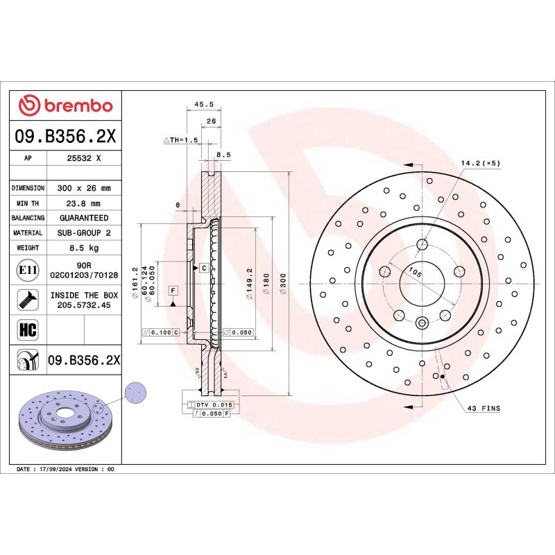 Jeu de 2 disques de frein arrière BREMBO 09.B356.2X - Visuel 1