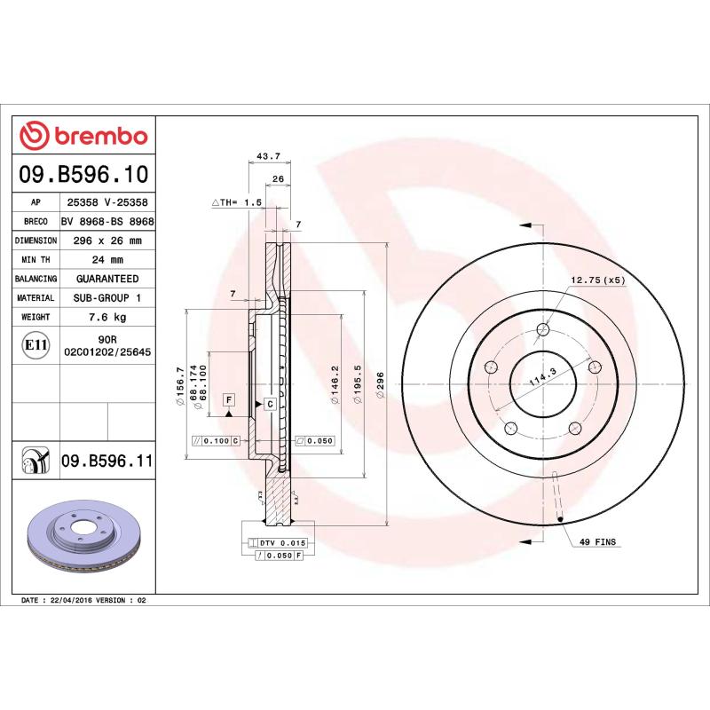 Jeu de 2 disques de frein avant BREMBO 09.B596.11 - Visuel 1