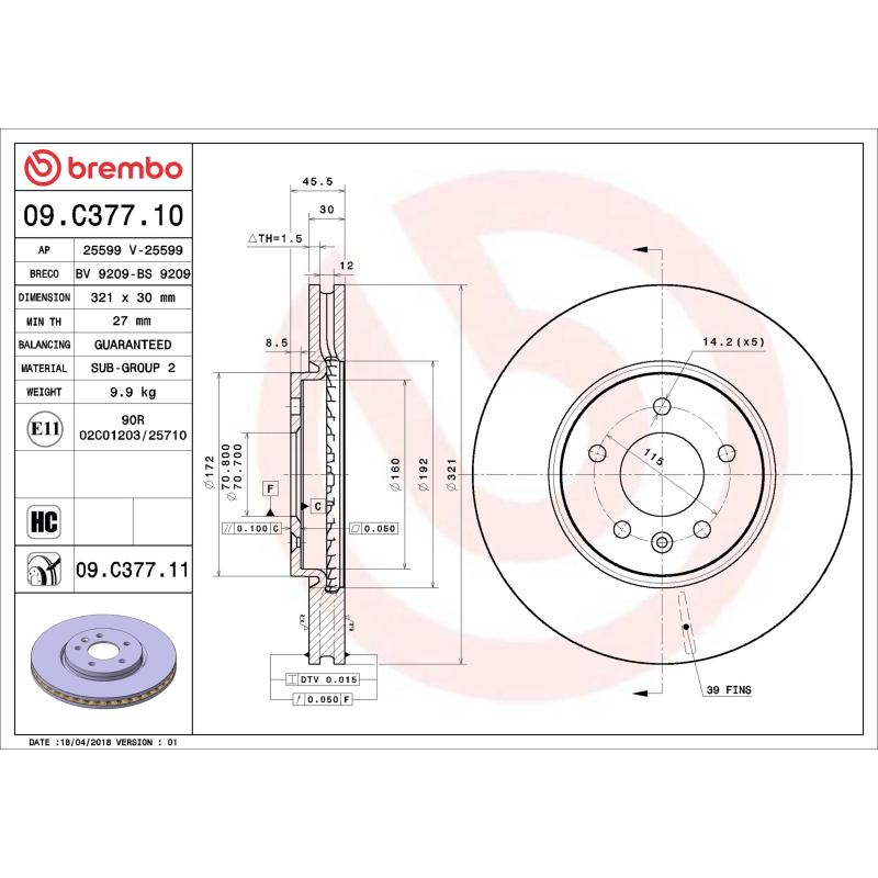 Jeu de 2 disques de frein avant BREMBO 09.C377.11 - Visuel 1