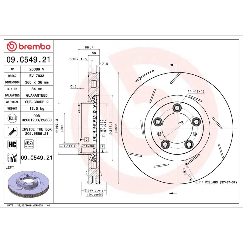 Disque de frein avant gauche BREMBO 09.C549.21 - Visuel 1