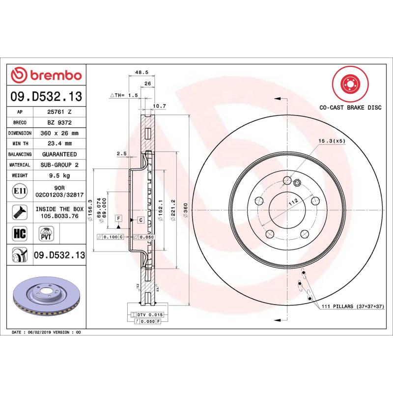 Jeu de 2 disques de frein arrière BREMBO 09.D532.13 - Visuel 1