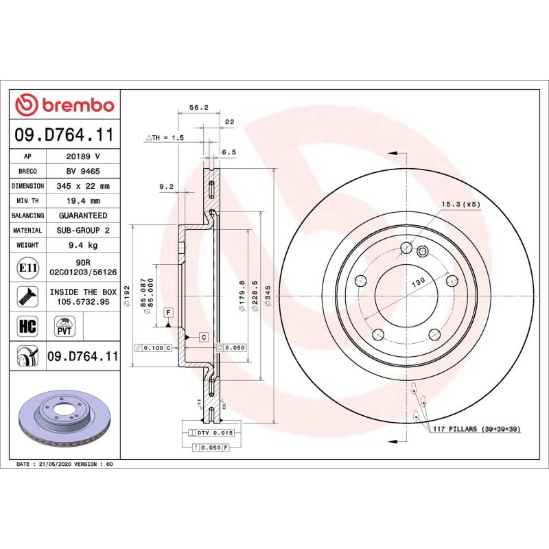 Jeu de 2 disques de frein arrière BREMBO 09.D764.11 - Visuel 1