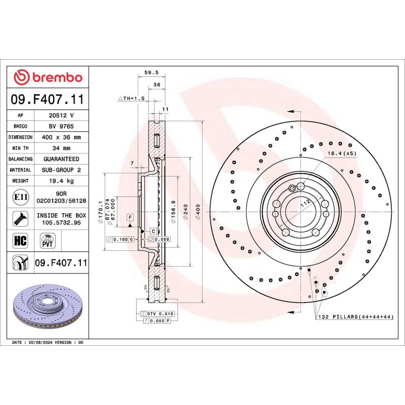 Jeu de 2 disques de frein arrière BREMBO 09.F407.11 - Visuel 1