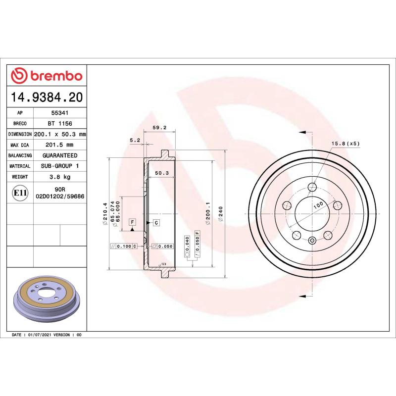 Tambour de frein BREMBO 14.9384.20 - Visuel 1