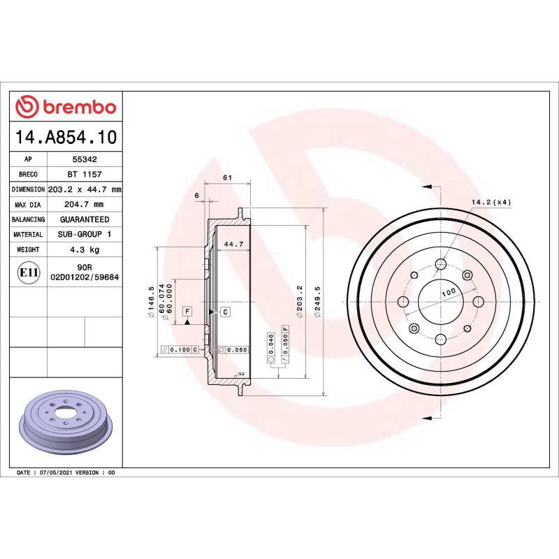 Tambour de frein BREMBO 14.A854.10 - Visuel 1