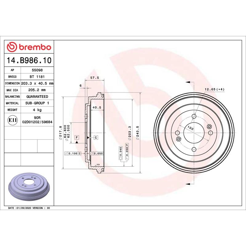 Tambour de frein BREMBO 14.B986.10 - Visuel 1