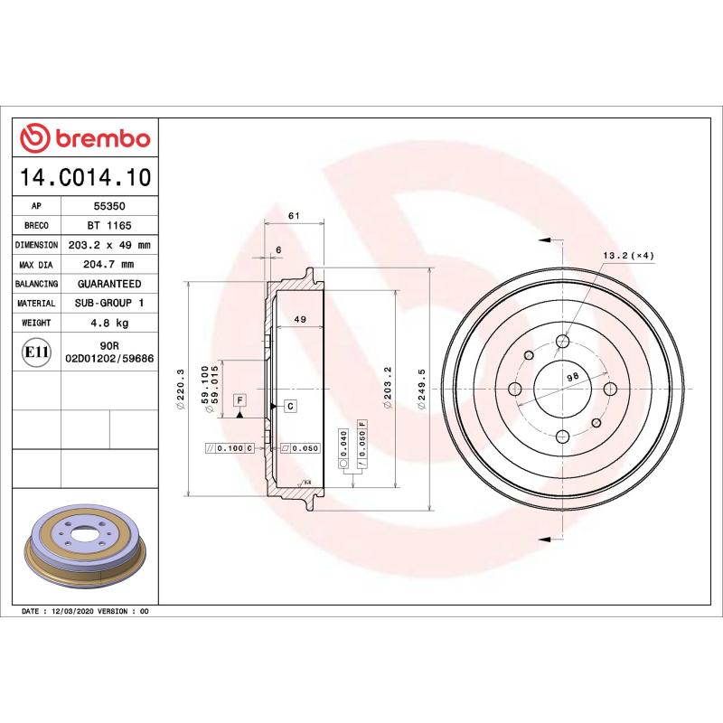 Tambour de frein BREMBO 14.C014.10 - Visuel 1