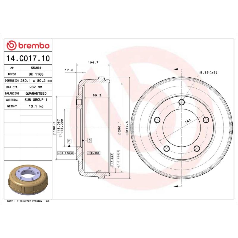 Tambour de frein BREMBO 14.C017.10 - Visuel 1