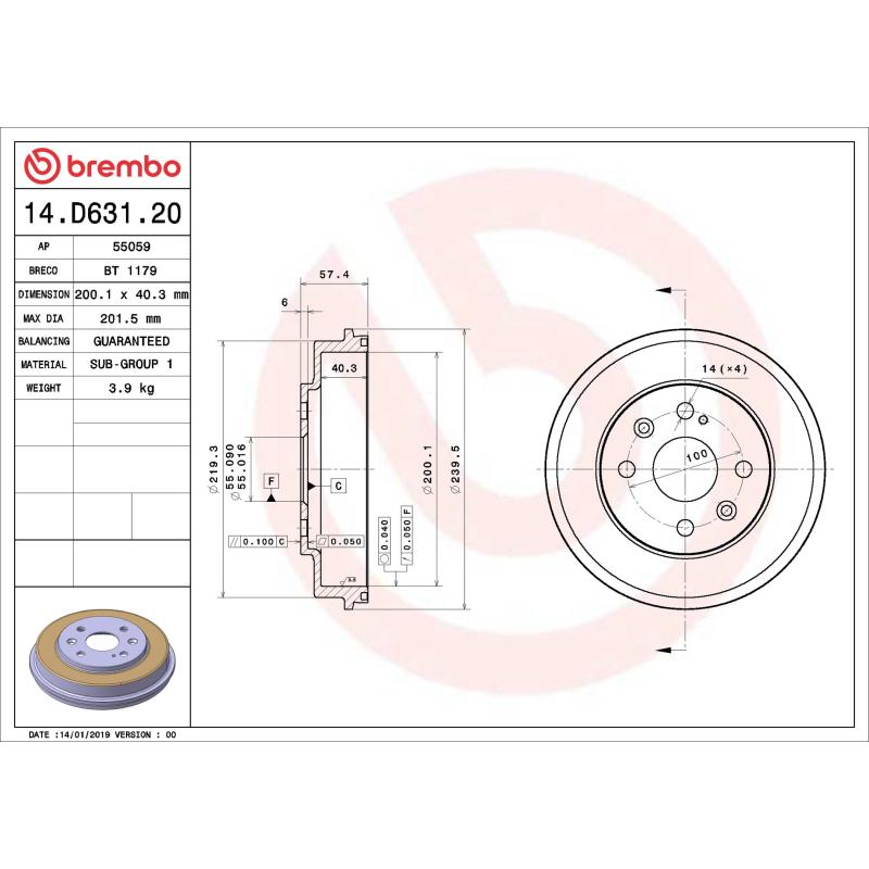 Tambour de frein BREMBO 14.D631.20 - Visuel 1