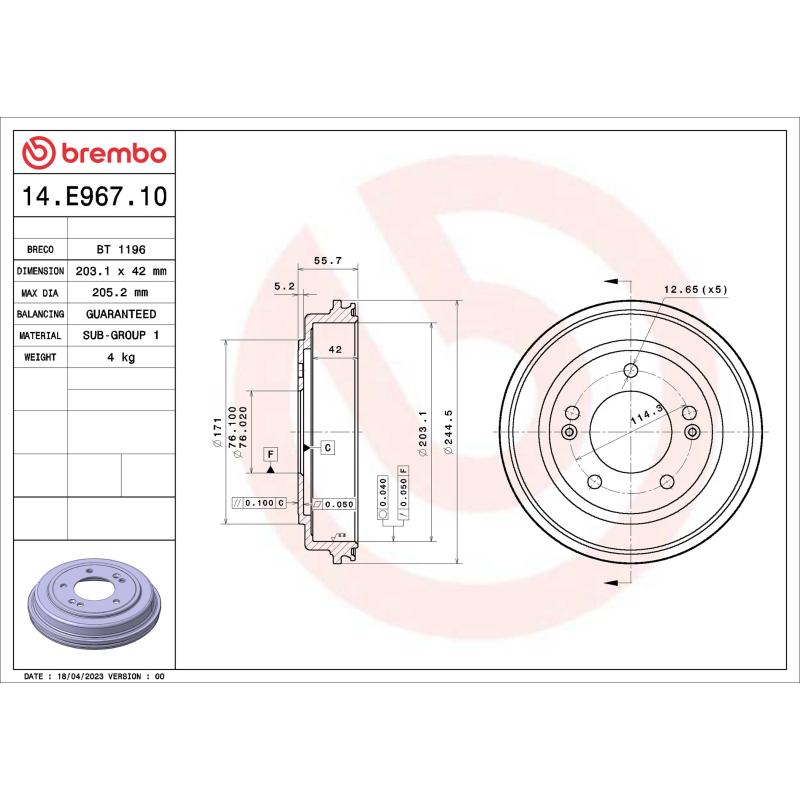 Tambour de frein BREMBO 14.E967.10 - Visuel 1
