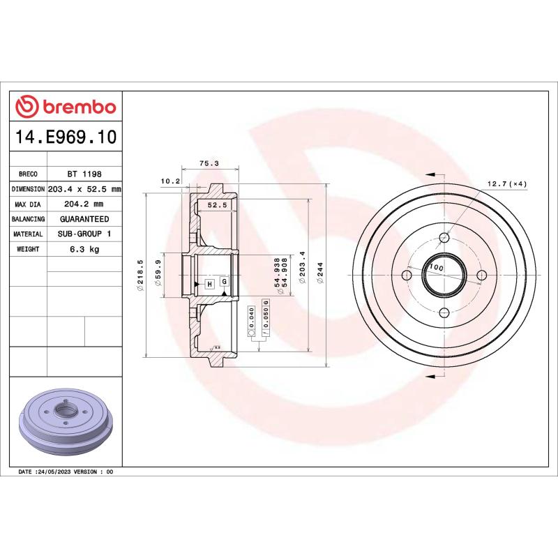 Tambour de frein BREMBO 14.E969.10 - Visuel 1