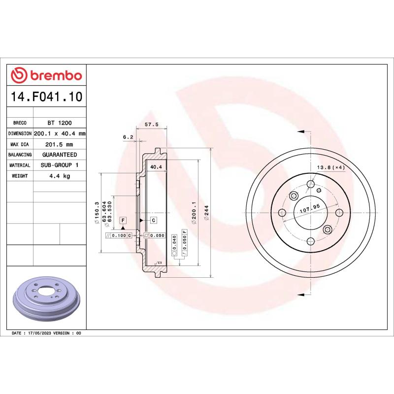 Tambour de frein BREMBO 14.F041.10 - Visuel 1