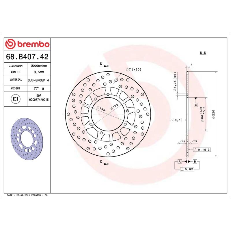 Disque de frein arrière BREMBO 68B40742 - Visuel 1