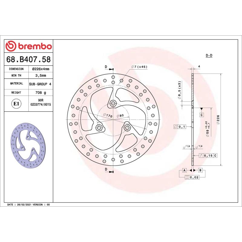 Disque de frein arrière BREMBO 68B40758 - Visuel 1