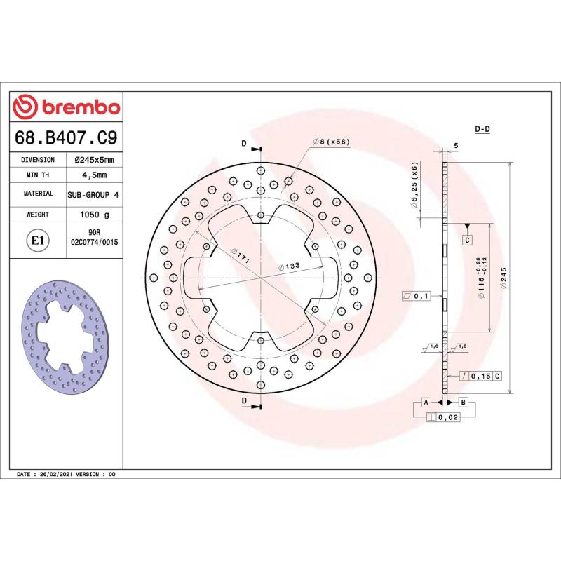 Disque de frein arrière BREMBO 68B407C9 - Visuel 1
