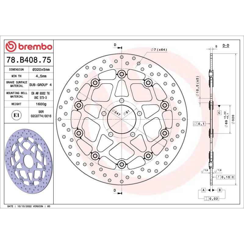 Disque de frein arrière BREMBO 78B40875 - Visuel 1