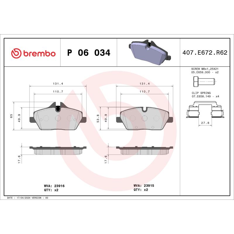 Jeu de 4 plaquettes de frein avant BREMBO P 06 034 - Visuel 1