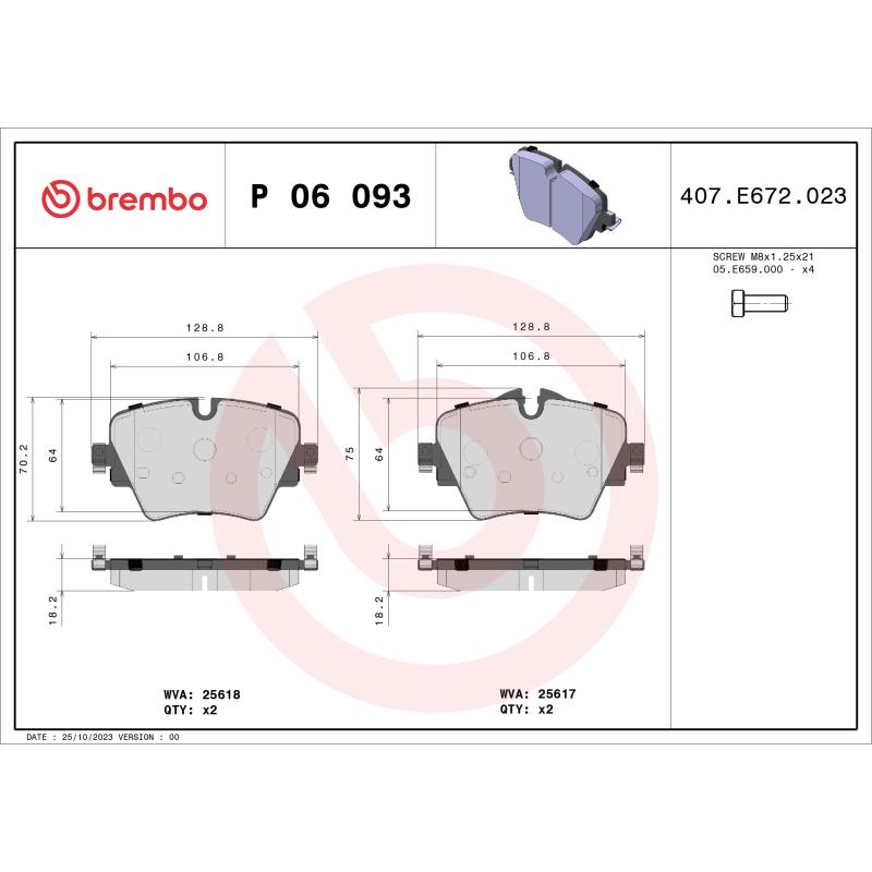 Jeu de 4 plaquettes de frein avant BREMBO P 06 093 - Visuel 1