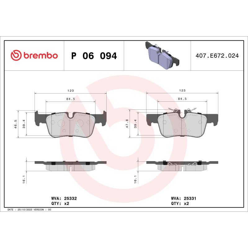 Jeu de 4 plaquettes de frein arrière BREMBO P 06 094 - Visuel 1
