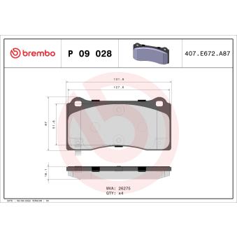 Jeu de 4 plaquettes de frein avant BREMBO P 09 028 pour TESLA MODEL 3 EV AWD - 208cv
