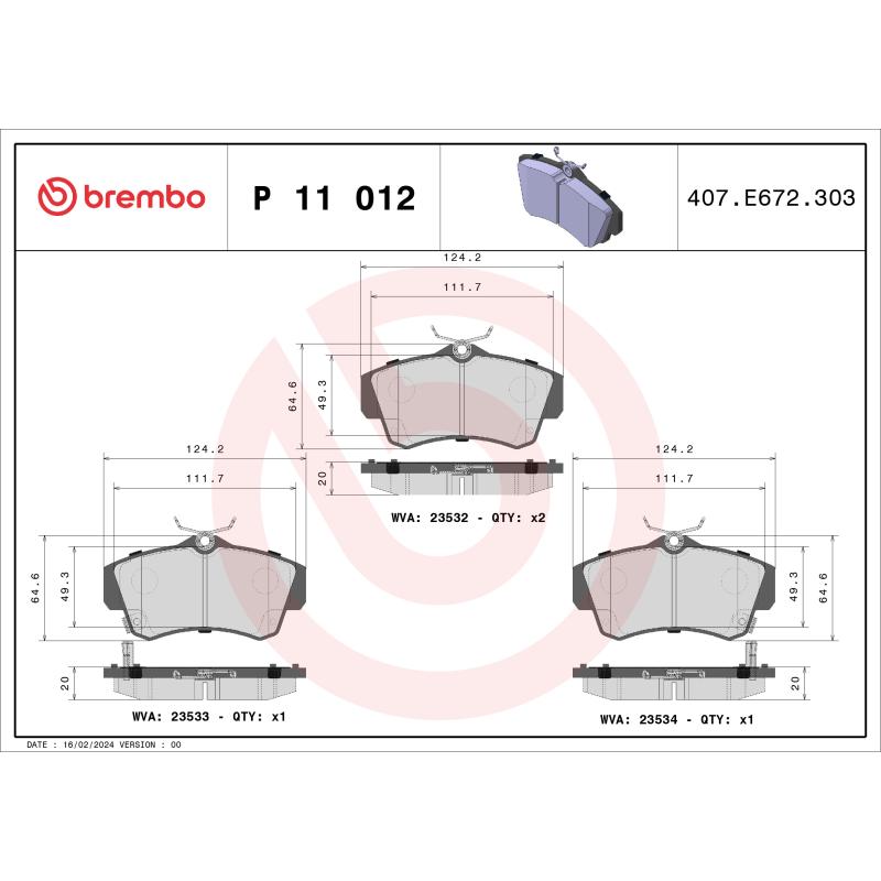 Jeu de 4 plaquettes de frein avant BREMBO P 11 012 - Visuel 1