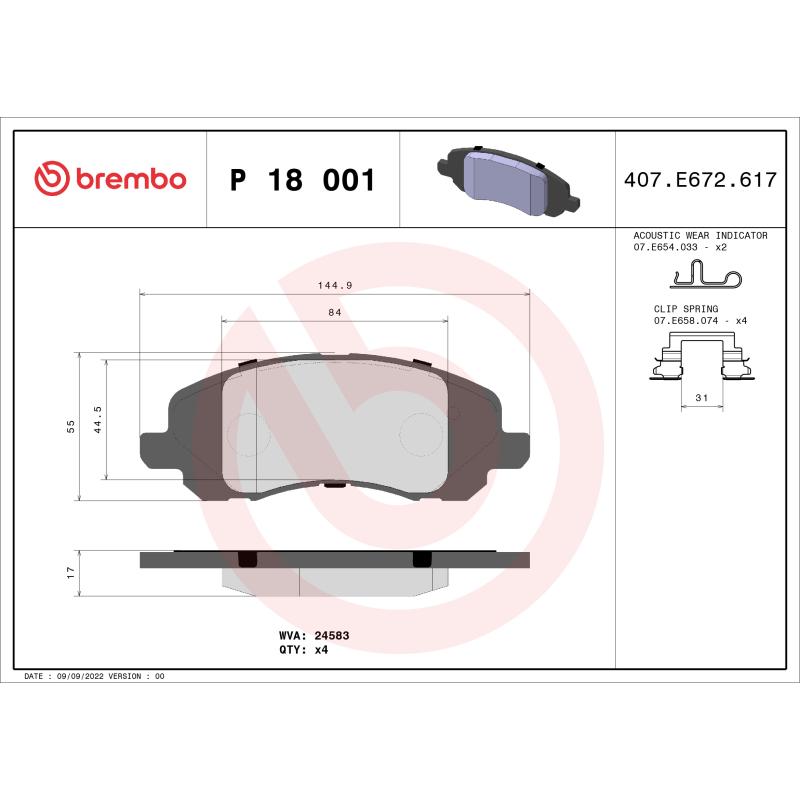 Jeu de 4 plaquettes de frein avant BREMBO P 18 001 - Visuel 1
