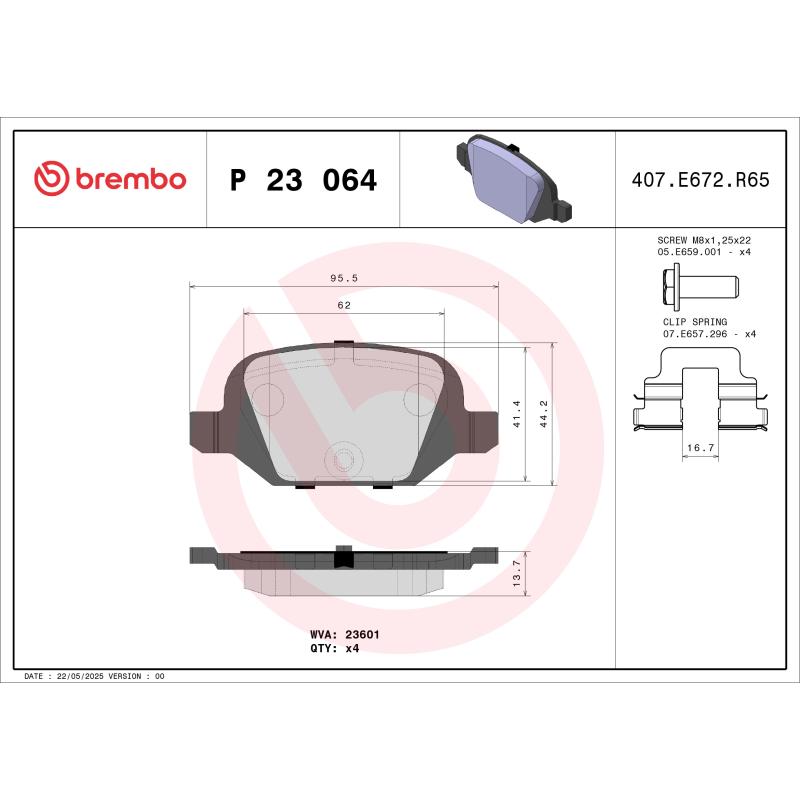 Jeu de 4 plaquettes de frein arrière BREMBO P 23 064 - Visuel 1