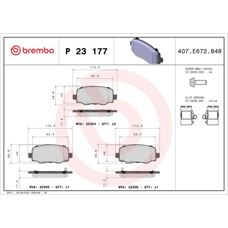 Jeu de 4 plaquettes de frein arrière BREMBO P 23 177 - Visuel 1
