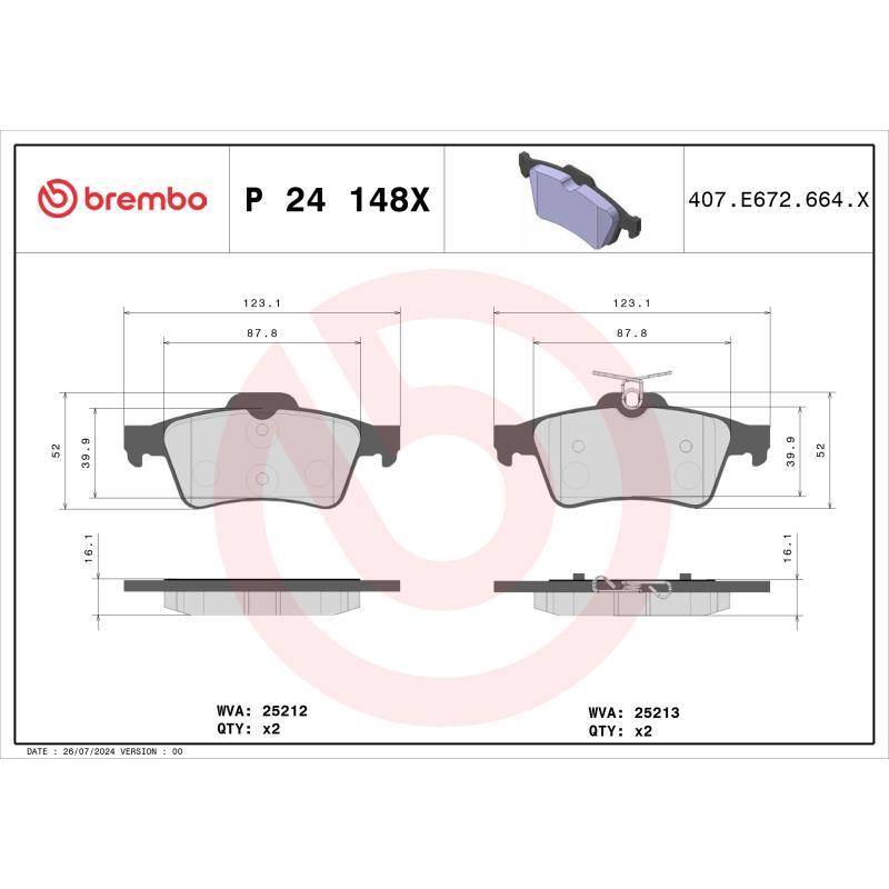 Jeu de 4 plaquettes de frein arrière BREMBO P 24 148X - Visuel 1