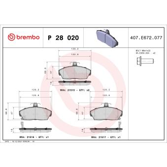Jeu de 4 plaquettes de frein avant BREMBO OEM GBP90315AF Jeu de 4 plaquettes de frein avant BREMBO OEM GBP90315AF