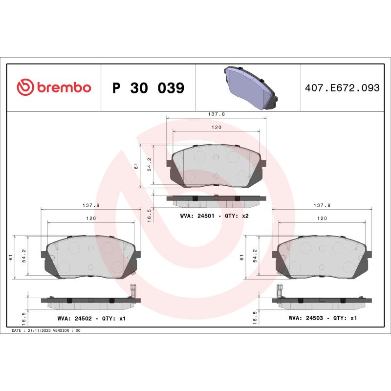 Jeu de 4 plaquettes de frein avant BREMBO P 30 039 - Visuel 1