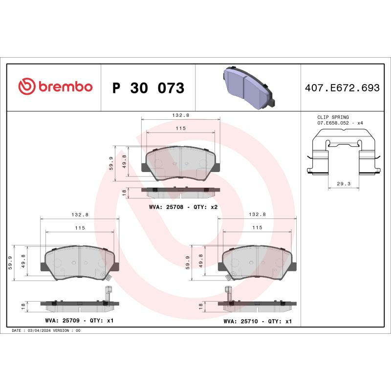 Jeu de 4 plaquettes de frein avant BREMBO P 30 073 - Visuel 1
