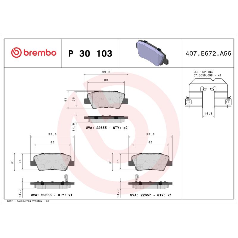 Jeu de 4 plaquettes de frein arrière BREMBO P 30 103 - Visuel 1