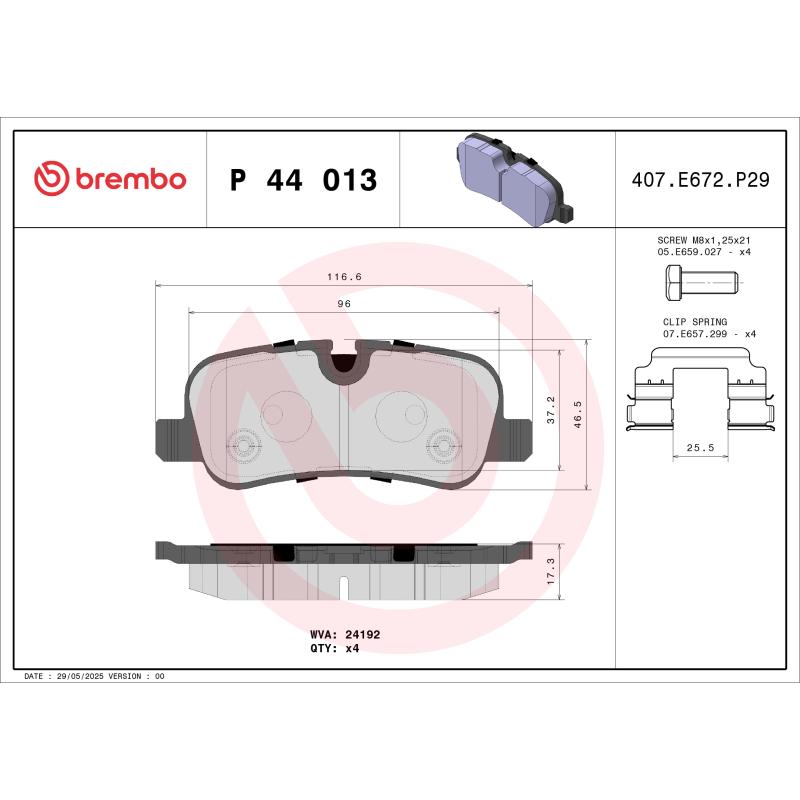 Jeu de 4 plaquettes de frein arrière BREMBO P 44 013 - Visuel 1