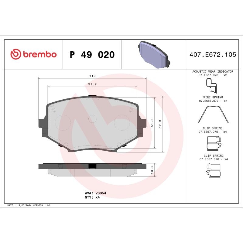 Jeu de 4 plaquettes de frein avant BREMBO P 49 020 - Visuel 1