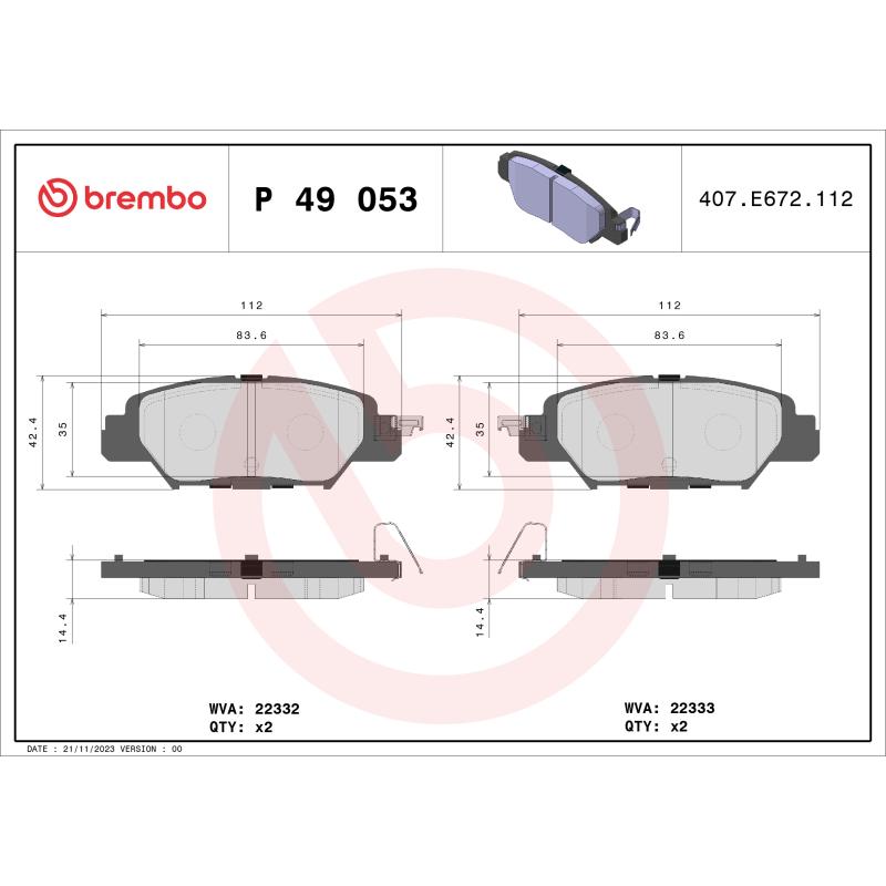 Jeu de 4 plaquettes de frein arrière BREMBO P 49 053 - Visuel 1