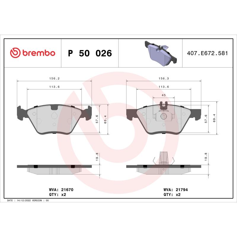 Jeu de 4 plaquettes de frein avant BREMBO P 50 026 - Visuel 1