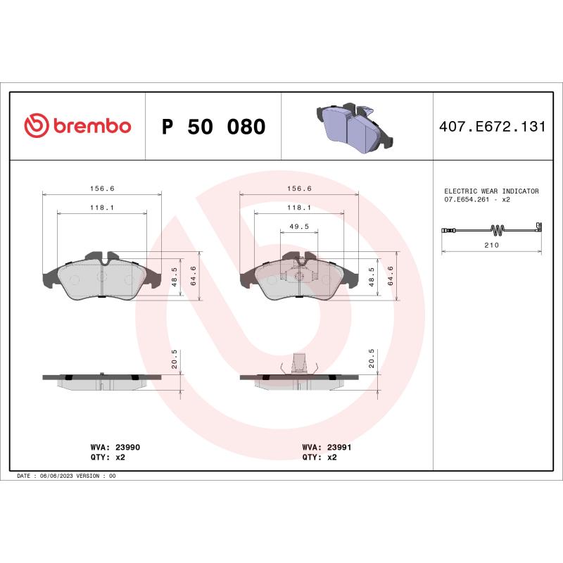 Jeu de 4 plaquettes de frein avant BREMBO P 50 080 - Visuel 1