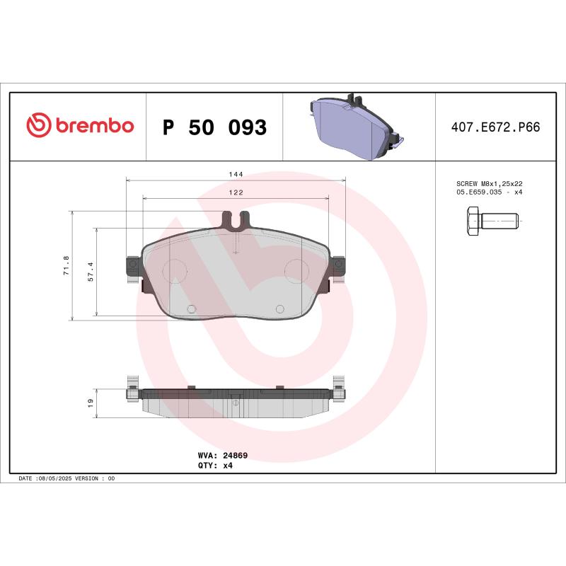 Jeu de 4 plaquettes de frein avant BREMBO P 50 093 - Visuel 1