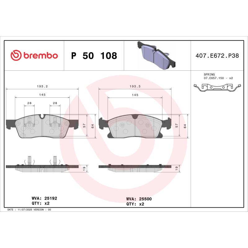Jeu de 4 plaquettes de frein avant BREMBO P 50 108 - Visuel 1