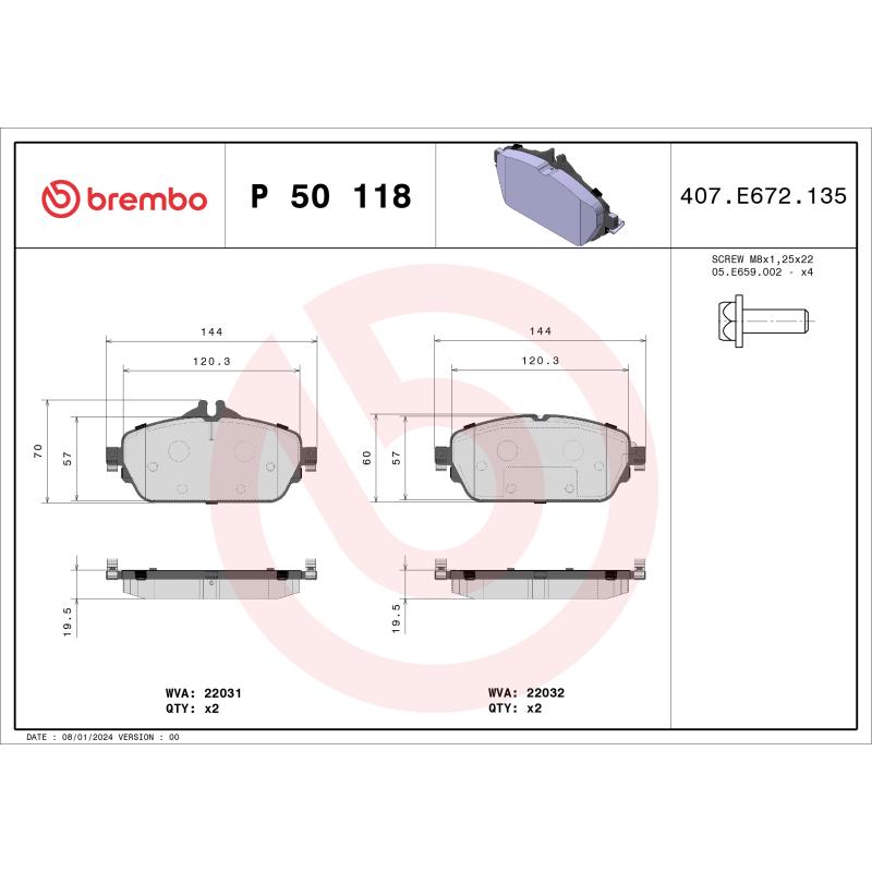 Jeu de 4 plaquettes de frein avant BREMBO P 50 118 - Visuel 1