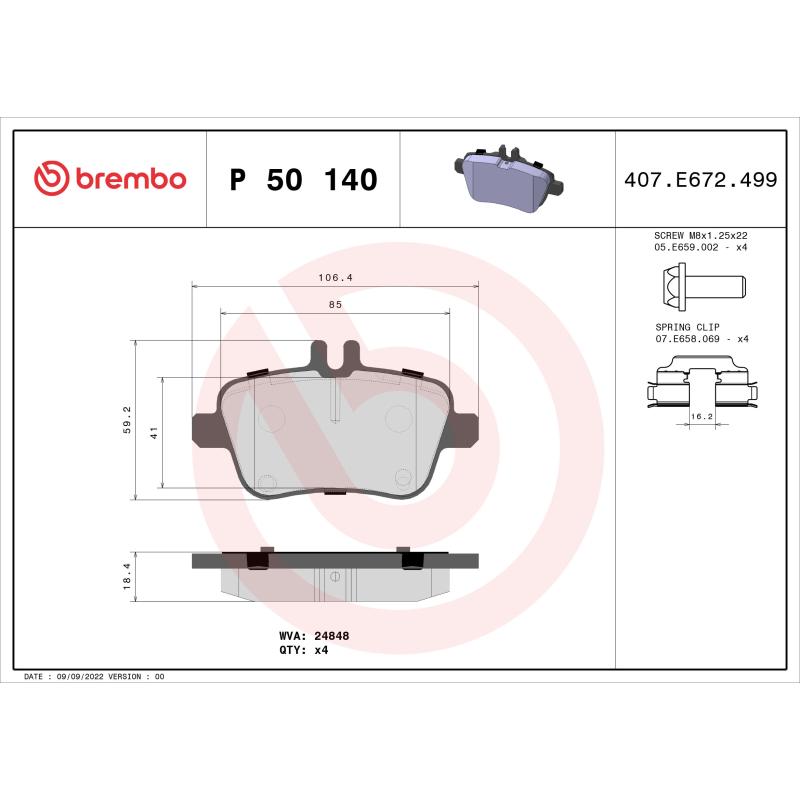 Jeu de 4 plaquettes de frein arrière BREMBO P 50 140 - Visuel 1