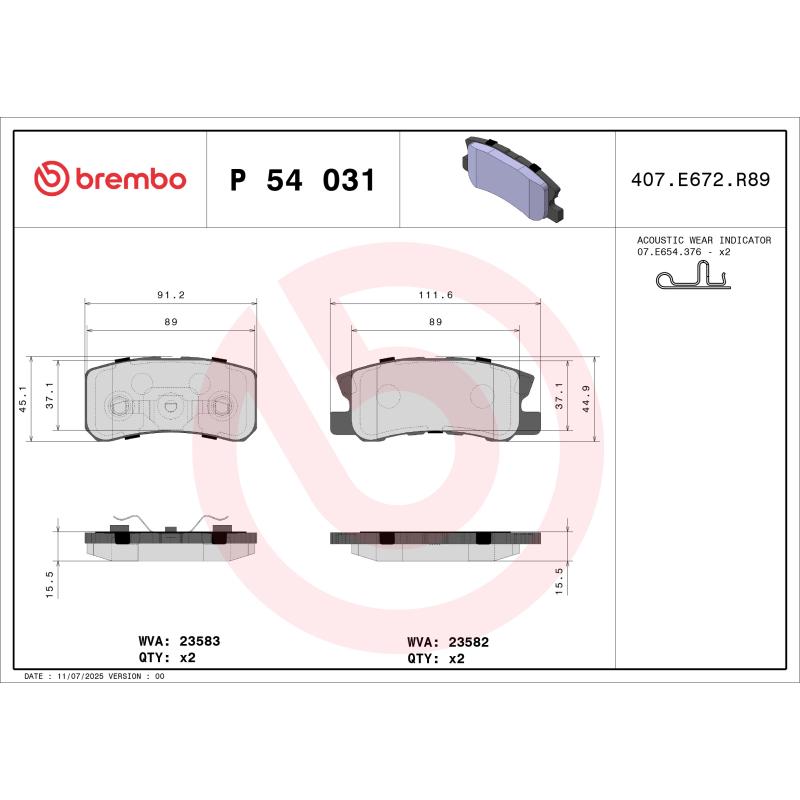 Jeu de 4 plaquettes de frein arrière BREMBO P 54 031 - Visuel 1