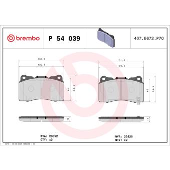 Jeu de 4 plaquettes de frein avant BREMBO P 54 039 pour DODGE VIPER SRT-10 - 612cv